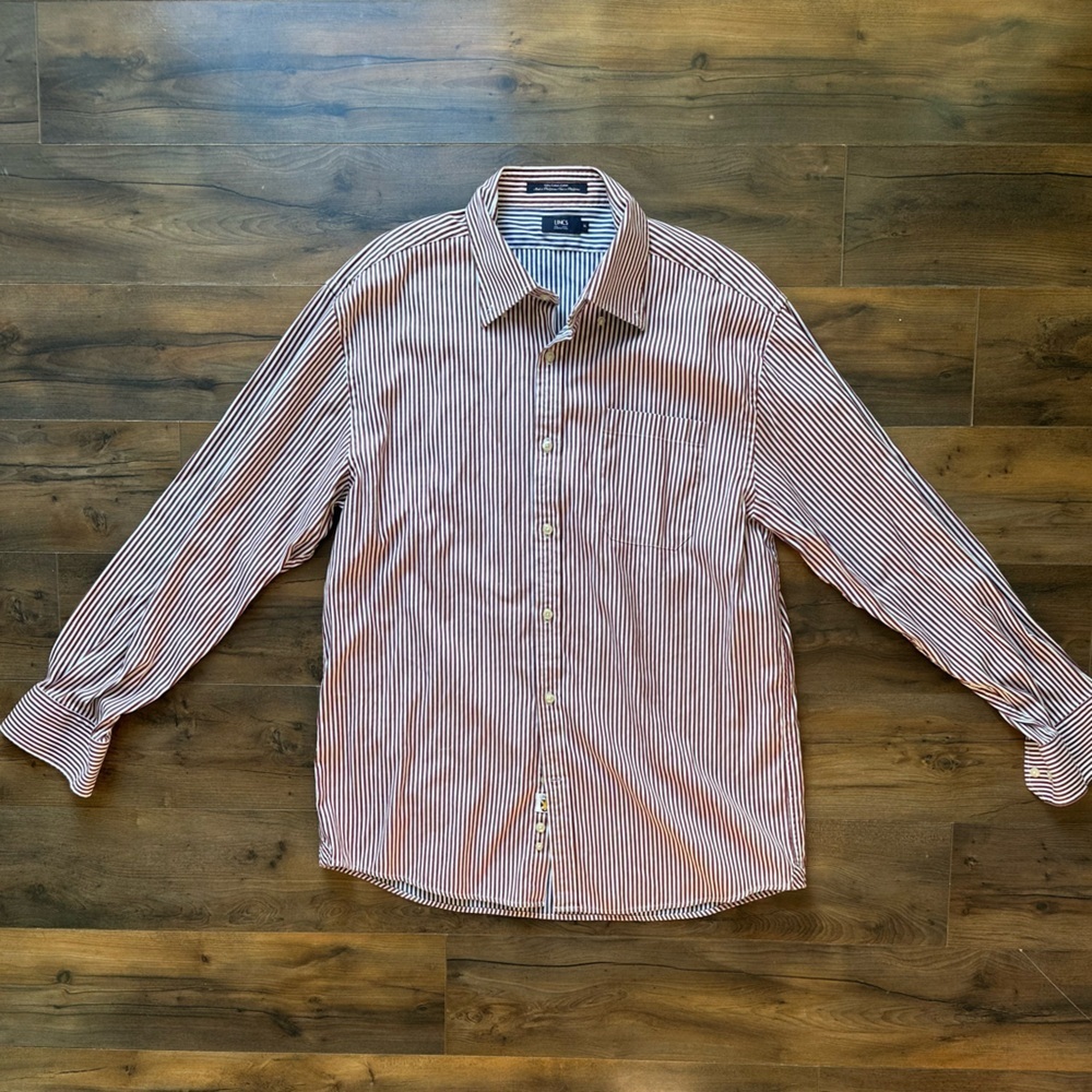 LINCS David Chu XL Striped Button-Down Shirt | Burgundy & White | 100% Cotton